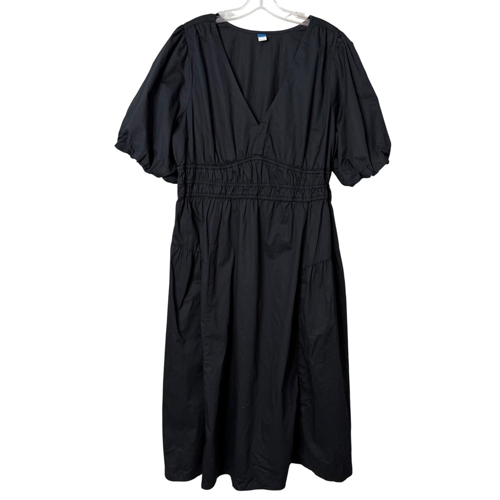Old Navy Midi Dress Womens XL Black Cotton Poplin Smocked Waist Puff Sleeve